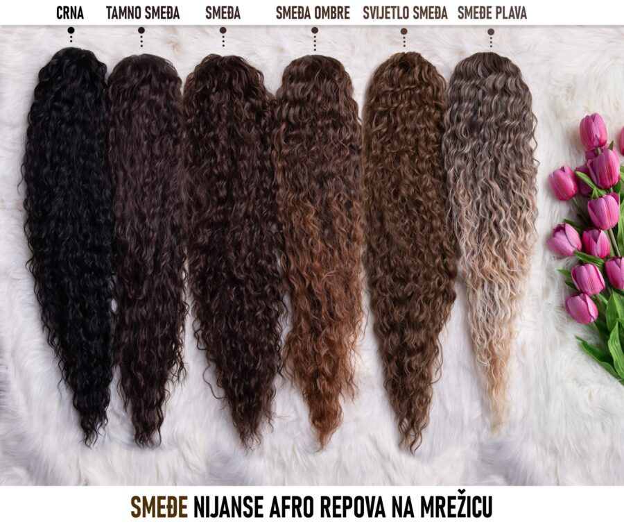 Ekstenzije za kosu, Crni afro rep na mrežicu, front side, uporedba nijansi